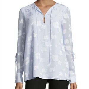 Ellen Tracy Floral Tie Slit Blouse-BLUE-Small